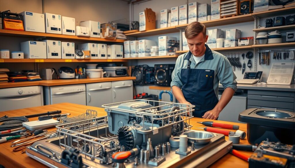 A detailed and neatly organized dishwasher repair workshop with an array of tools and spare parts on the workbench. The foreground features a disassembled dishwasher with its internal components laid out, showcasing the complexity of the repair process. The middle ground depicts a technician in a professional uniform examining the parts, deep in concentration. The background shows shelves stocked with dishwasher models, manuals, and diagnostic equipment, creating an atmosphere of a well-equipped repair facility. Warm, focused lighting illuminates the scene, emphasizing the technical nature of the task at hand. The overall composition conveys the expertise, care, and numerous factors involved in providing a quality dishwasher repair service. A detailed and neatly organized dishwasher repair workshop with an array of tools and spare parts on the workbench. The foreground features a disassembled dishwasher with its internal components laid out, showcasing the complexity of the repair process. The middle ground depicts a technician in a professional uniform examining the parts, deep in concentration. The background shows shelves stocked with dishwasher models, manuals, and diagnostic equipment, creating an atmosphere of a well-equipped repair facility. Warm, focused lighting illuminates the scene, emphasizing the technical nature of the task at hand. The overall composition conveys the expertise, care, and numerous factors involved in providing a quality dishwasher repair service.