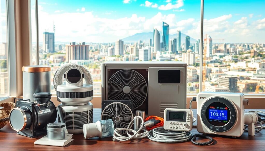 A detailed comparison of factors influencing the cost of air conditioning installation in South Africa. In the foreground, various components like compressors, air ducts, and thermostats are displayed, highlighting their impact on the overall price. The middle ground showcases a construction site with workers installing an AC unit, emphasizing the labor and installation complexity. In the background, a cityscape of South African metropolitan areas like Johannesburg, Pretoria, Durban, and Cape Town provides context. The lighting is a balanced mix of natural sunlight and soft, diffused indoor illumination, creating a professional, informative atmosphere. The camera angle is slightly elevated, allowing for a comprehensive view of the scene. A detailed comparison of factors influencing the cost of air conditioning installation in South Africa. In the foreground, various components like compressors, air ducts, and thermostats are displayed, highlighting their impact on the overall price. The middle ground showcases a construction site with workers installing an AC unit, emphasizing the labor and installation complexity. In the background, a cityscape of South African metropolitan areas like Johannesburg, Pretoria, Durban, and Cape Town provides context. The lighting is a balanced mix of natural sunlight and soft, diffused indoor illumination, creating a professional, informative atmosphere. The camera angle is slightly elevated, allowing for a comprehensive view of the scene.