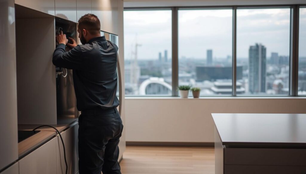 A modern, well-lit kitchen interior showcasing the installation of a smart appliance. In the foreground, a sleek, stainless steel appliance is being carefully integrated into the kitchen countertop, with a technician in a crisp uniform meticulously connecting the necessary cables and hoses. The middle ground features a minimalist, contemporary kitchen design with clean lines and muted tones, accentuating the high-tech nature of the smart appliance. The background depicts a panoramic view of the Pretoria skyline through large windows, conveying a sense of urban sophistication. The overall scene exudes a sense of efficiency, innovation, and attention to detail, reflecting the cost and value of professional smart appliance installation in major South African cities. A modern, well-lit kitchen interior showcasing the installation of a smart appliance. In the foreground, a sleek, stainless steel appliance is being carefully integrated into the kitchen countertop, with a technician in a crisp uniform meticulously connecting the necessary cables and hoses. The middle ground features a minimalist, contemporary kitchen design with clean lines and muted tones, accentuating the high-tech nature of the smart appliance. The background depicts a panoramic view of the Pretoria skyline through large windows, conveying a sense of urban sophistication. The overall scene exudes a sense of efficiency, innovation, and attention to detail, reflecting the cost and value of professional smart appliance installation in major South African cities.