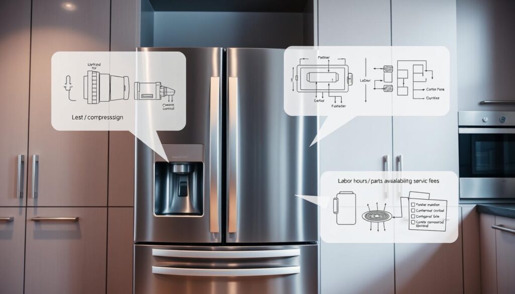 A modern, well-lit kitchen interior with a stainless steel double-door refrigerator prominently displayed. The refrigerator's front panel showcases the various components and mechanisms that contribute to the repair costs, such as the compressor, condenser coils, and electronic control board. In the foreground, detailed technical diagrams and schematics float above the refrigerator, highlighting the key factors that can impact the final repair bill, such as labor hours, parts availability, and service fees. The background features a sleek, minimalist design with clean lines and muted colors, creating a professional and informative atmosphere. A modern, well-lit kitchen interior with a stainless steel double-door refrigerator prominently displayed. The refrigerator's front panel showcases the various components and mechanisms that contribute to the repair costs, such as the compressor, condenser coils, and electronic control board. In the foreground, detailed technical diagrams and schematics float above the refrigerator, highlighting the key factors that can impact the final repair bill, such as labor hours, parts availability, and service fees. The background features a sleek, minimalist design with clean lines and muted colors, creating a professional and informative atmosphere.