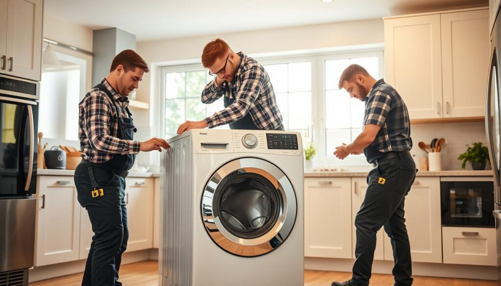 A professional washing machine installation service scene set in a modern, well-lit residential kitchen. In the foreground, a team of two skilled technicians carefully installing a brand-new, top-loading washing machine, using specialized tools and carefully following safety protocols. In the middle ground, the kitchen features clean, contemporary cabinetry and appliances, creating a warm, inviting atmosphere. The background showcases a large window, allowing natural light to flood the space and highlighting the technicians' meticulous work. The overall mood conveys a sense of efficiency, professionalism, and customer satisfaction. A professional washing machine installation service scene set in a modern, well-lit residential kitchen. In the foreground, a team of two skilled technicians carefully installing a brand-new, top-loading washing machine, using specialized tools and carefully following safety protocols. In the middle ground, the kitchen features clean, contemporary cabinetry and appliances, creating a warm, inviting atmosphere. The background showcases a large window, allowing natural light to flood the space and highlighting the technicians' meticulous work. The overall mood conveys a sense of efficiency, professionalism, and customer satisfaction.