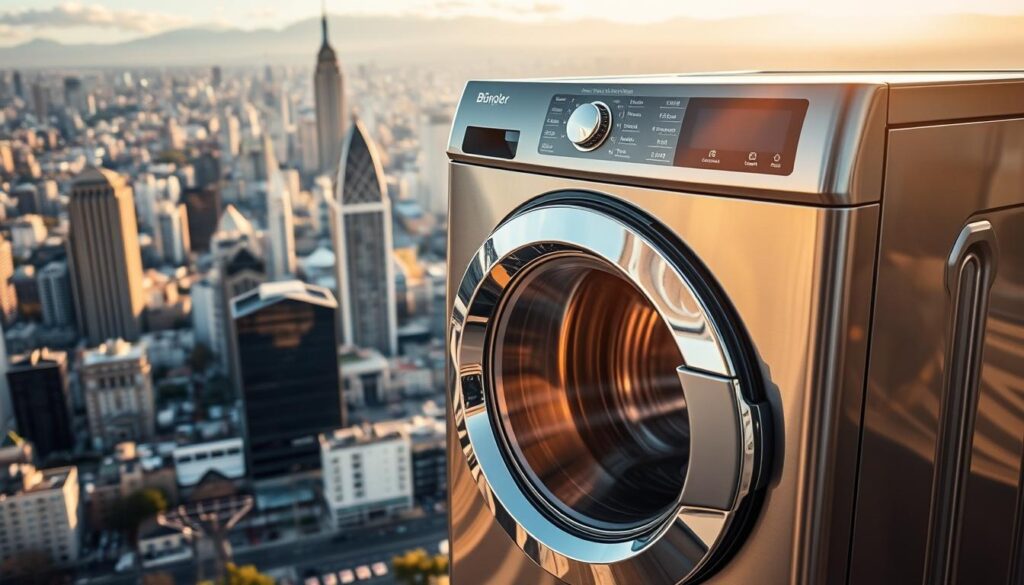 A sprawling cityscape with skyscrapers and bustling streets, illuminated by warm afternoon sunlight. In the foreground, a large washing machine sits prominently, its control panel displaying repair pricing information for various South African cities - Johannesburg, Pretoria, Durban, Cape Town, and others. The machine's chrome exterior reflects the urban environment, creating a sense of integration between the practical appliance and the vibrant metropolitan setting. The image conveys a data-driven, informative mood, highlighting the regional variations in washing machine repair costs across the country. A sprawling cityscape with skyscrapers and bustling streets, illuminated by warm afternoon sunlight. In the foreground, a large washing machine sits prominently, its control panel displaying repair pricing information for various South African cities - Johannesburg, Pretoria, Durban, Cape Town, and others. The machine's chrome exterior reflects the urban environment, creating a sense of integration between the practical appliance and the vibrant metropolitan setting. The image conveys a data-driven, informative mood, highlighting the regional variations in washing machine repair costs across the country.