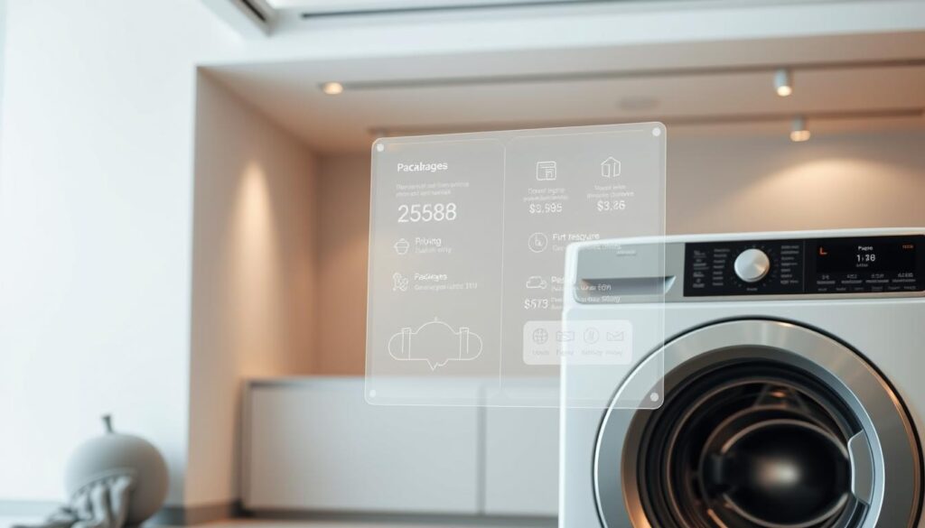 A transparent washing machine installation pricing display showcased in a well-lit, modern showroom. The foreground features a sleek, minimalist washing machine model with a clear glass front, highlighting its inner workings. In the middle ground, various pricing and package options are presented on a floating, holographic-like display, with clean typography and intuitive icons. The background depicts a serene, architectural setting with smooth, neutral-toned walls and subtle ambient lighting, creating a sense of professionalism and attention to detail. The overall composition conveys a transparent, informative, and visually appealing experience for customers seeking washing machine installation pricing. A transparent washing machine installation pricing display showcased in a well-lit, modern showroom. The foreground features a sleek, minimalist washing machine model with a clear glass front, highlighting its inner workings. In the middle ground, various pricing and package options are presented on a floating, holographic-like display, with clean typography and intuitive icons. The background depicts a serene, architectural setting with smooth, neutral-toned walls and subtle ambient lighting, creating a sense of professionalism and attention to detail. The overall composition conveys a transparent, informative, and visually appealing experience for customers seeking washing machine installation pricing.