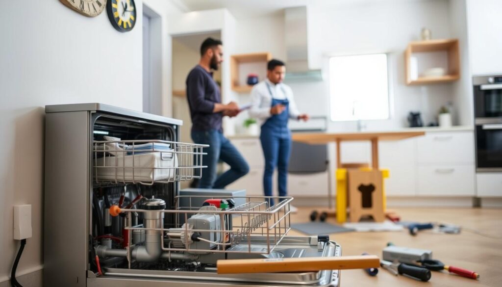 A well-lit, detailed interior scene showcasing the various factors influencing dishwasher installation costs in South Africa. In the foreground, a dishwasher is partially installed, with tools, pipes, and other plumbing materials surrounding it. In the middle ground, a homeowner consults with a professional installer, discussing options and costs. The background depicts a modern kitchen, with cabinets, countertops, and other appliances visible. The scene conveys a sense of careful consideration and decision-making around the installation process, highlighting the key elements that contribute to the overall cost. A well-lit, detailed interior scene showcasing the various factors influencing dishwasher installation costs in South Africa. In the foreground, a dishwasher is partially installed, with tools, pipes, and other plumbing materials surrounding it. In the middle ground, a homeowner consults with a professional installer, discussing options and costs. The background depicts a modern kitchen, with cabinets, countertops, and other appliances visible. The scene conveys a sense of careful consideration and decision-making around the installation process, highlighting the key elements that contribute to the overall cost.