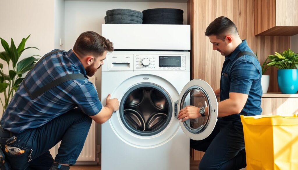 A well-lit, modern washing machine installation scene in a spacious, clean utility room. In the foreground, a new top-loading washing machine sits atop a sturdy, adjustable pedestal, its sleek stainless steel finish gleaming. Nearby, a set of tools and installation supplies, such as pliers, wrenches, and hoses, are neatly organized on a workbench. The middle ground features detailed diagrams and checklists outlining the key cost factors, including the machine model, water and power connections, drainage setup, and any necessary structural modifications. In the background, a wall-mounted cabinet showcases various washing machine models, their prices, and corresponding installation service packages. The overall atmosphere conveys a sense of professionalism, efficiency, and attention to detail in the washing machine installation process. A well-lit, modern washing machine installation scene in a spacious, clean utility room. In the foreground, a new top-loading washing machine sits atop a sturdy, adjustable pedestal, its sleek stainless steel finish gleaming. Nearby, a set of tools and installation supplies, such as pliers, wrenches, and hoses, are neatly organized on a workbench. The middle ground features detailed diagrams and checklists outlining the key cost factors, including the machine model, water and power connections, drainage setup, and any necessary structural modifications. In the background, a wall-mounted cabinet showcases various washing machine models, their prices, and corresponding installation service packages. The overall atmosphere conveys a sense of professionalism, efficiency, and attention to detail in the washing machine installation process.